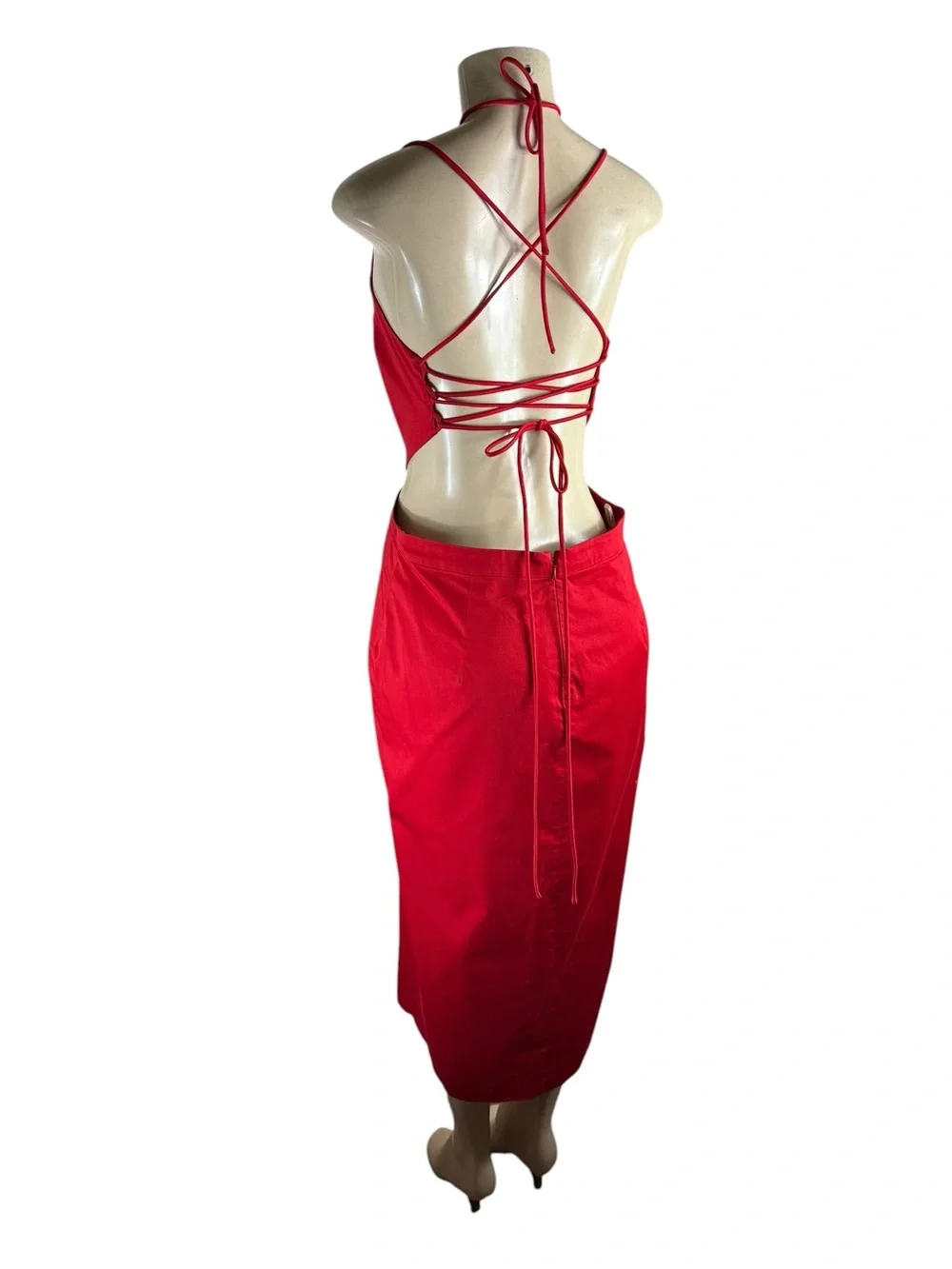 FREE PEOPLE X FAME & PARTNERS Red Lace-Up Backless Midi Dress